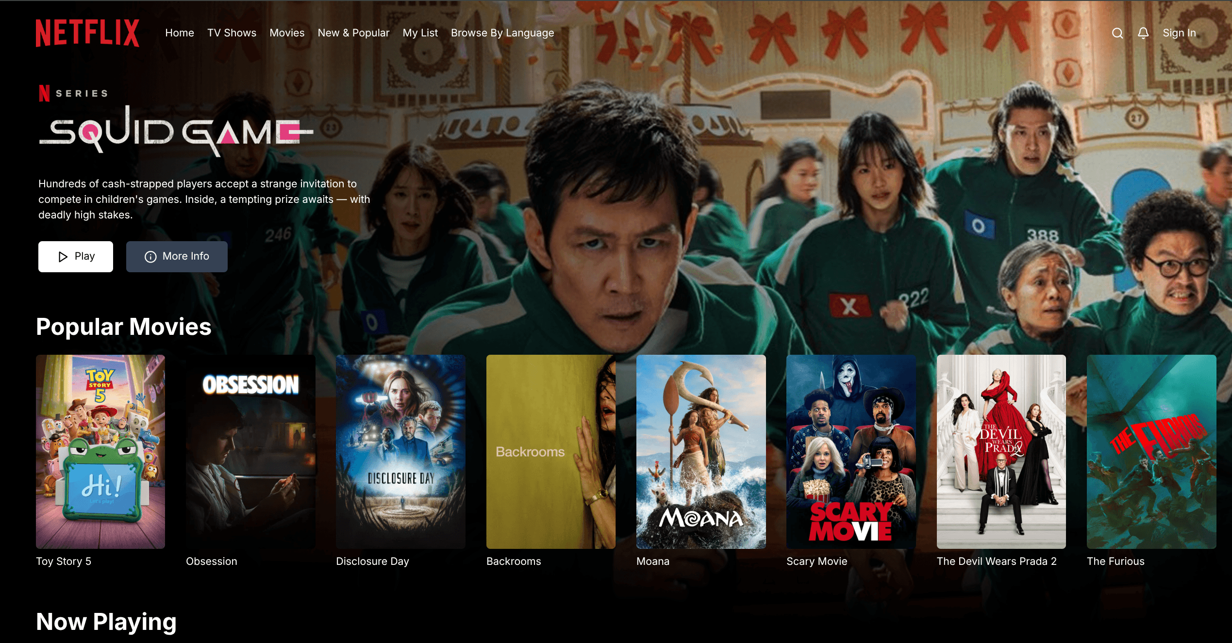 Netflix-inspired movie browsing interface with a Squid Game hero and movie collections