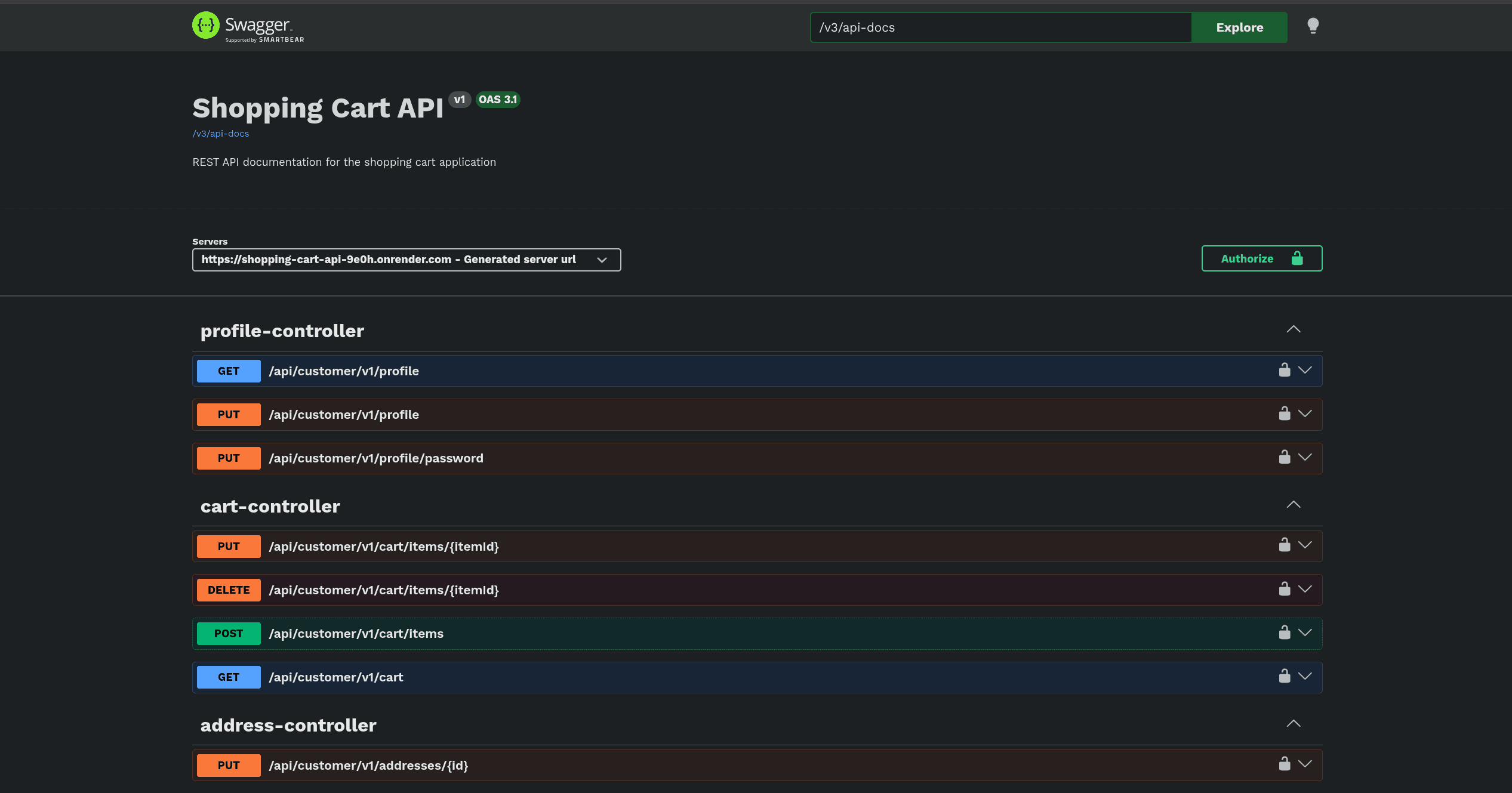 Swagger documentation for the Spring Boot Shopping Cart API