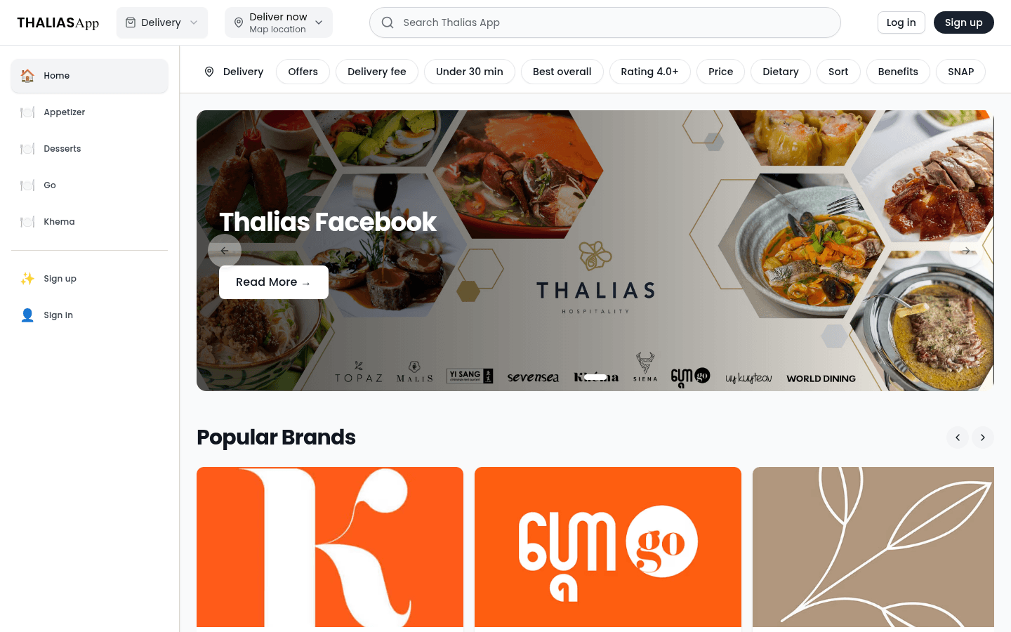 Thalias food delivery homepage with restaurant categories, offers, and popular brands